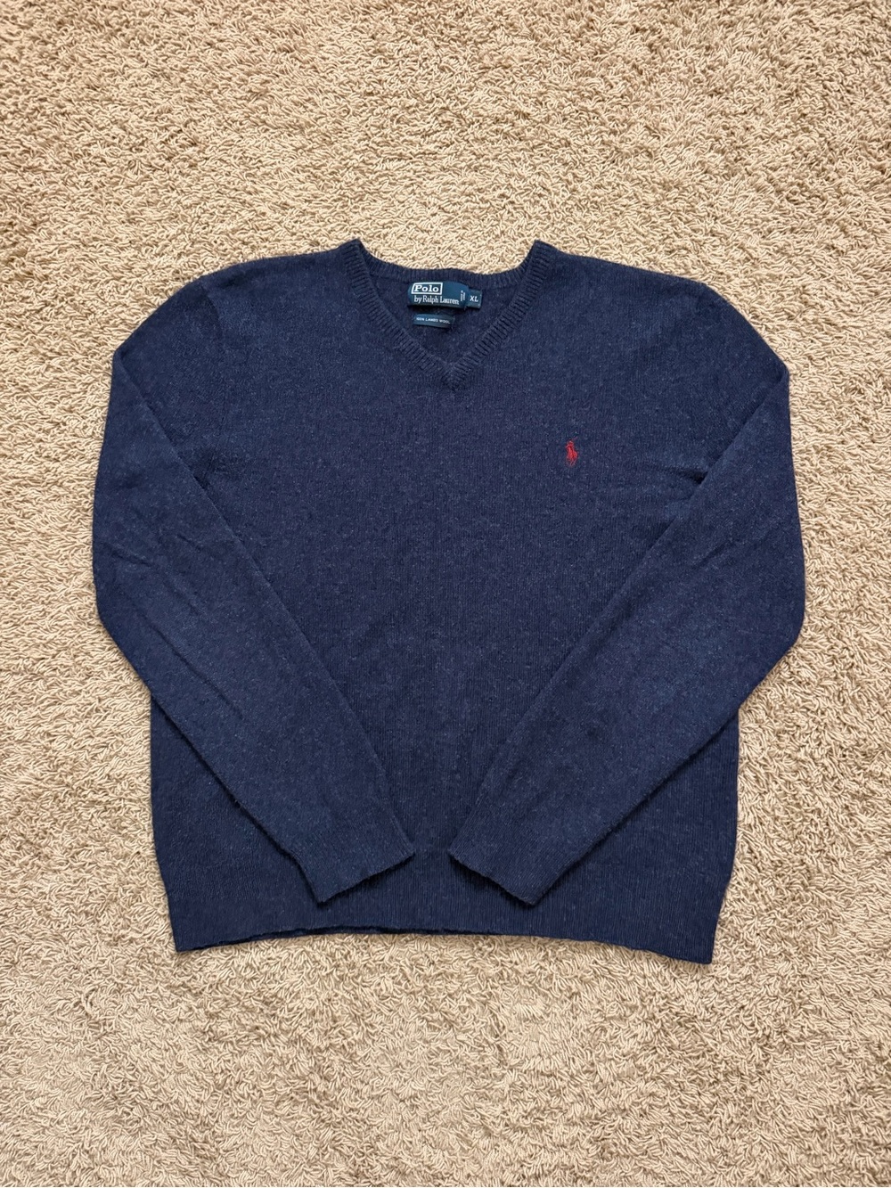 Vintage 90s Polo Ralph Lauren Men's XL Logo Blue 100% Lambs Wool Sweater V Neck